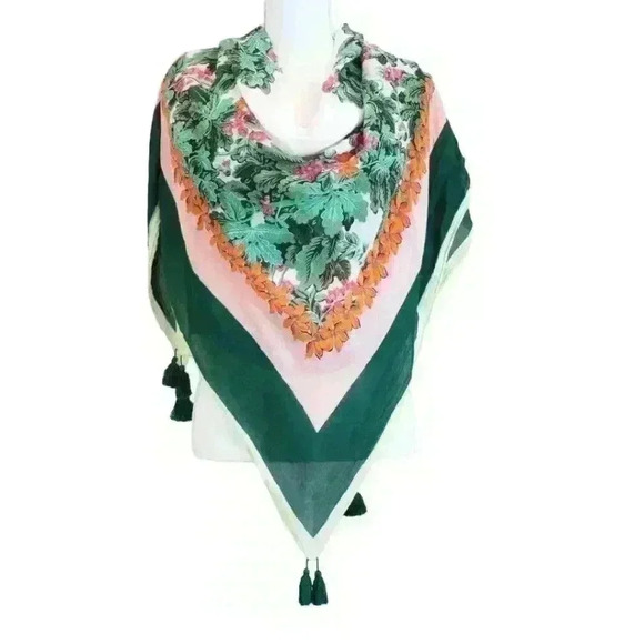 Ann Taylor Accessories - Ann Taylor Green / Pink Floral Scarf w Tassels 50" Square